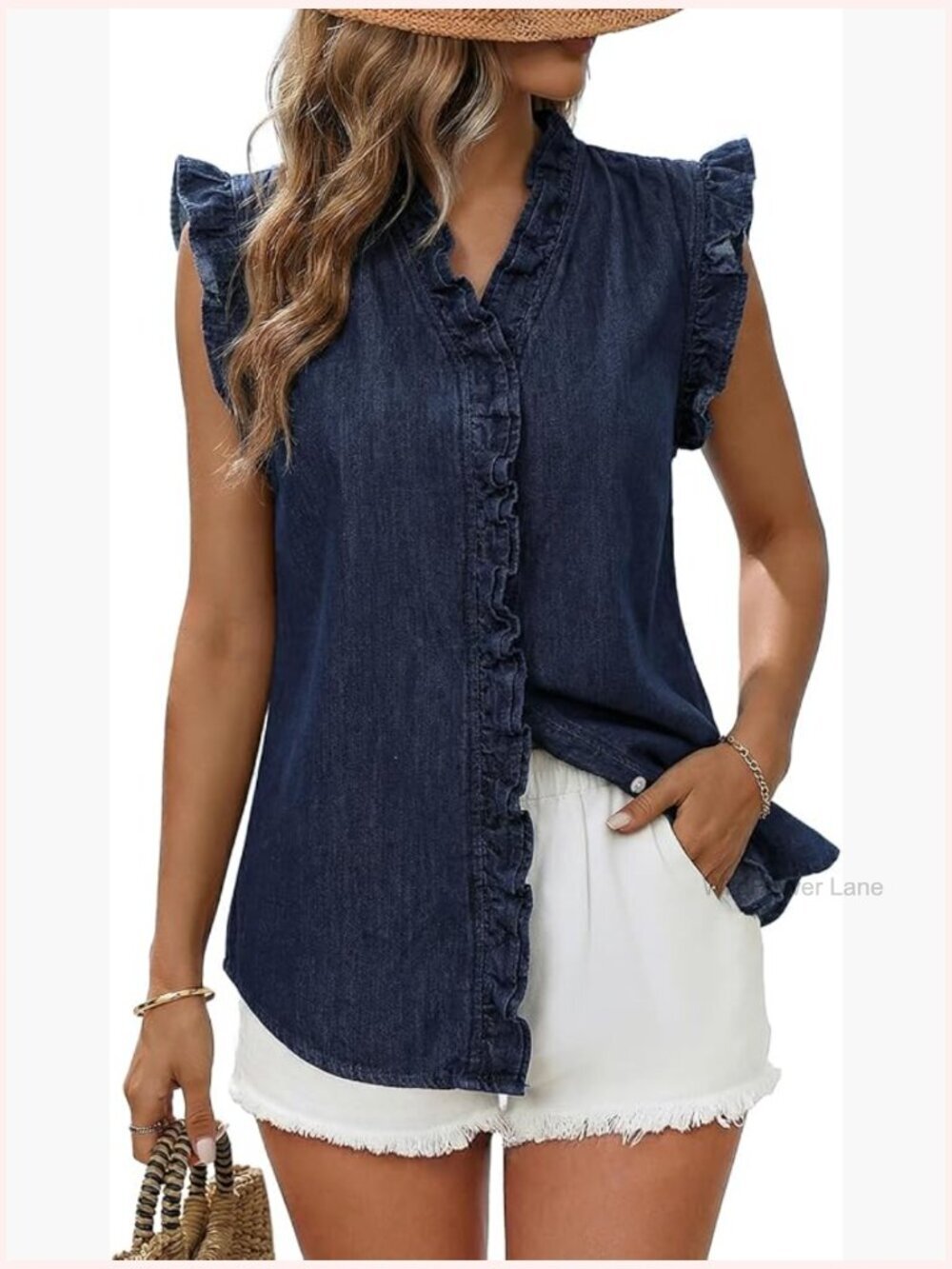 Sleeveless Denim Vest With Ruffle Hem V-Neck Button Down